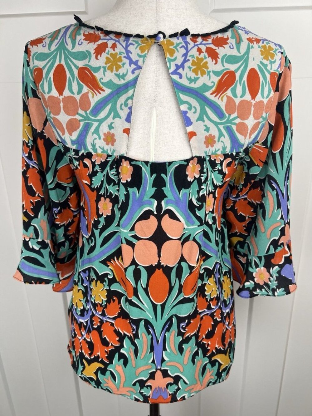 Maeve Anthropologie Silk Blouse Size 2 Floral Boho Top 3/4 Sleeve Keyhole Back - Picture 6 of 11